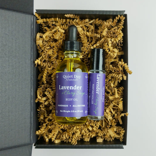 Closeup of Lavender + Clary Sage Body Oil and Perfume Roller Gift Set.