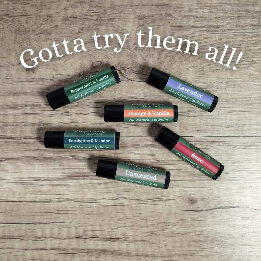 Picture of multiple lip balms available for purchase. These include peppermint and vanilla, lavender, orange and vanilla, eucalyptus and jasmine, rose, and unscented.