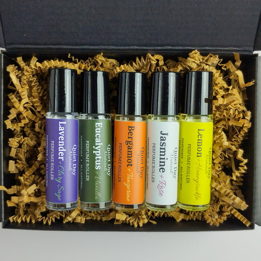 Closeup of 5-Pack Perfume Roller Sample Gift Set.